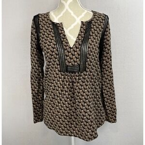DANIEL RAINN Owl Print Long Sleeve Blouse Womens Small V Neck Black Brown Boho